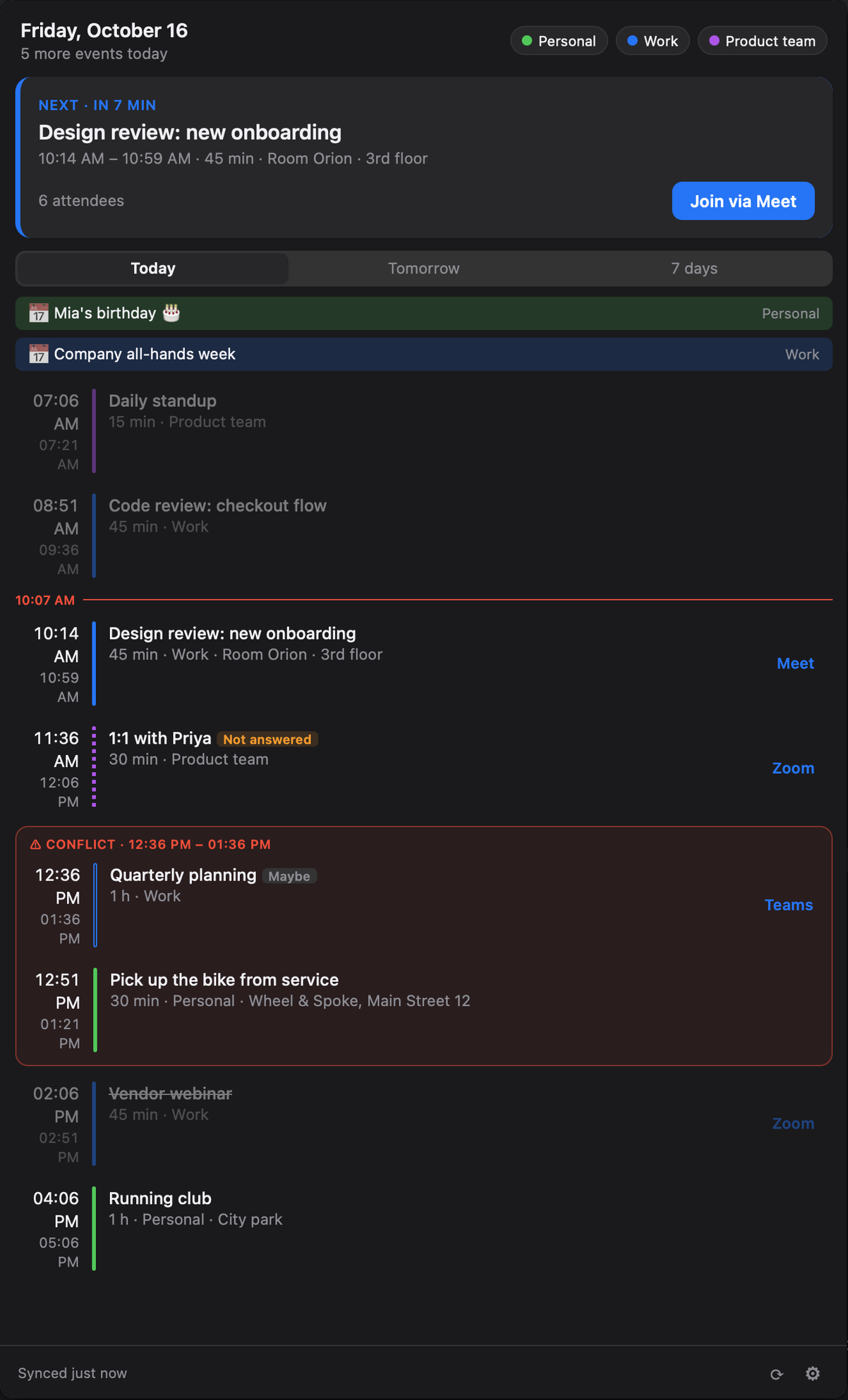 The agenda: the next meeting with a Join via Meet button, all-day events, today's meetings with Meet, Zoom and Teams links, an unanswered invitation, a scheduling conflict and a declined event